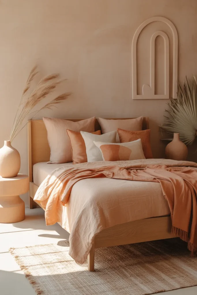 Modern desert-inspired bedroom with a muted clay palette, soft golden hour light, dusty terracotta, peach, sand, and cream tones, oak bed frame, linen bedding, clay throw pillows, ceramic vases, woven rug, arched wall art, dried grasses, cozy sun-washed mood, wide eye-level camera angle, layered bed styling with an open airy background.