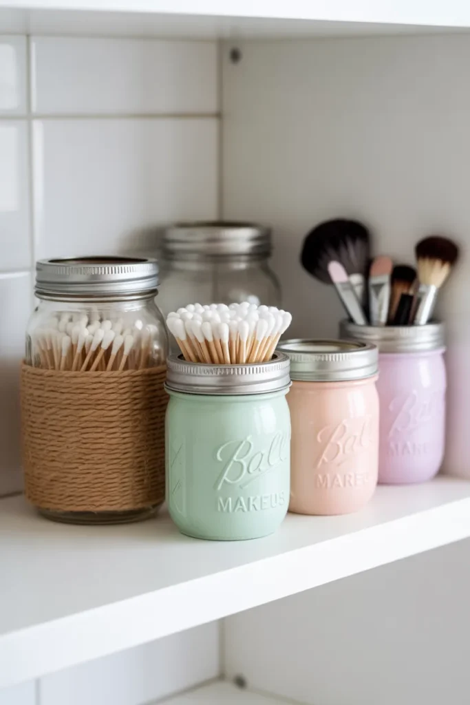 DIY mason jar bathroom organizer with makeup brushes and cotton swabs on a white bathroom shelf — college bathroom decor on a budget