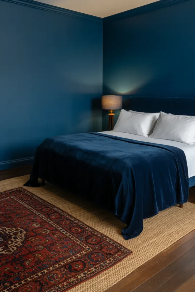 A rich, eclectic "New Traditional" bedroom with deep navy blue walls. On the dark hardwood floor, a large, faded red Persian rug is layered over a slightly larger neutral sisal rug. The bed features crisp white sheets and a navy velvet duvet. Warm ambient light from a shaded floor lamp, textured and sophisticated mood, eye-level camera angle.