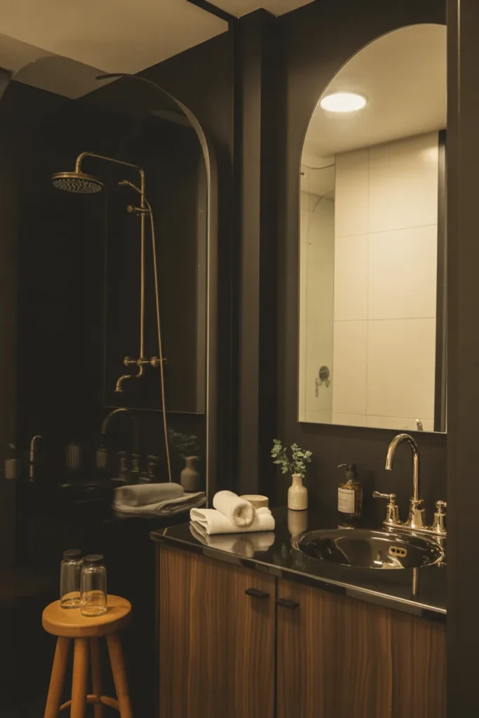 Art deco inspired bathroom with deep charcoal walls, warm ambient mirror lighting, black, brass, cream, and walnut palette, brass faucet, rain shower, arched mirror, marble counter, wooden stool, glass jars, white towels, small vase, elegant dramatic mood, close styled vanity angle, layered reflections with soft shadows and polished spacing.