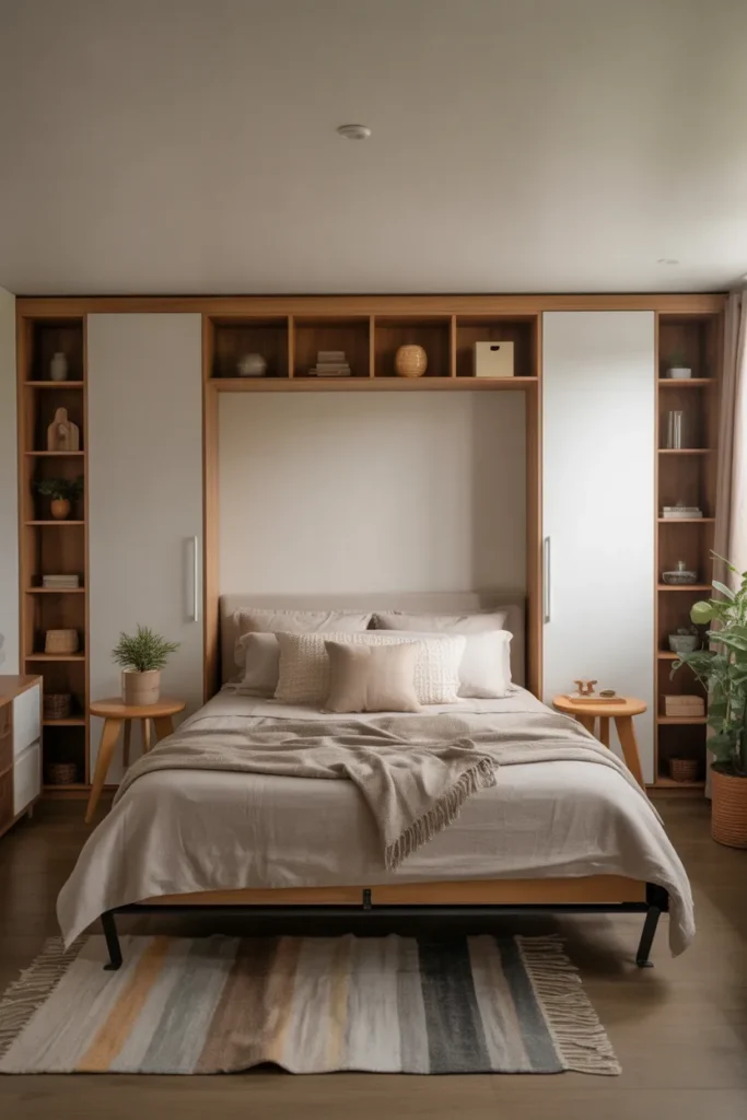Contemporary multifunctional bedroom featuring a foldable Murphy bed with hidden storage cabinets. Neutral linen bedding, layered rugs, wooden side tables, and potted plants. Soft natural light illuminates the compact layout. Eye-level wide shot showing practical, space-saving design that keeps the room airy, organized, and Pinterest-ready while combining functionality and style.