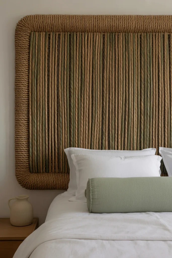 A modern coastal bedroom featuring a large rectangular headboard made of tightly woven natural seagrass. The room is filled with soft, diffused afternoon light, highlighting the organic greens and browns within the fibers. The bed is styled with crisp white linen and a sage green bolster pillow. Captured from a wide eye-level angle, showing a minimalist wood nightstand and a simple ceramic carafe.