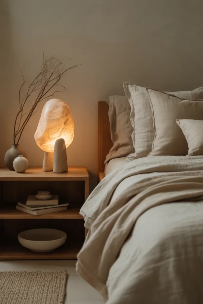 Organic minimalist bedroom with a sculptural stone table lamp on a wood nightstand, warm ambient evening light, sand, greige, ivory, and muted brown palette, linen bedding, ceramic bowl, dried branches, wool rug, textured plaster wall, calm spa-like mood, close styled bedside angle, layered foreground decor with soft shadows and uncluttered background.