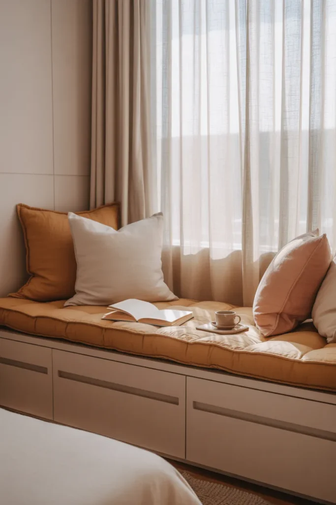 A beautiful kids bedroom featuring a built-in window seat with thick cushioned padding, styled in a modern Scandinavian interior. Soft natural daylight pours through sheer white curtains onto a wide cushioned bench dressed in warm oat linen fabric. Color palette includes soft white, warm sand, and dusty blush. Plump throw pillows in mixed textures sit neatly on each side. Built-in wooden storage drawers below the seat. Eye-level shot with a small side table, an open book, and a warm cup nearby. Cozy, calm, and editorial mood.