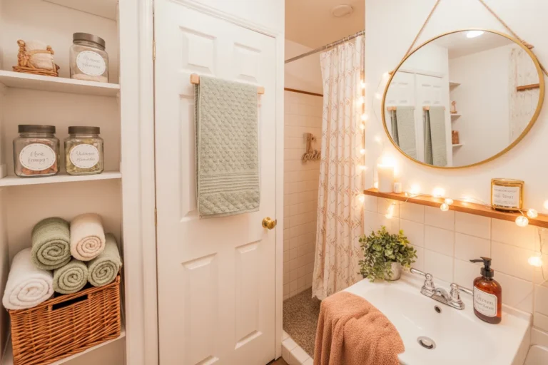 college bathroom decor ideas on a budget — DIY mason jars fairy lights mirror boho shower curtain fresh towels and repurposed items for an affordable stylish dorm bathroom makeover