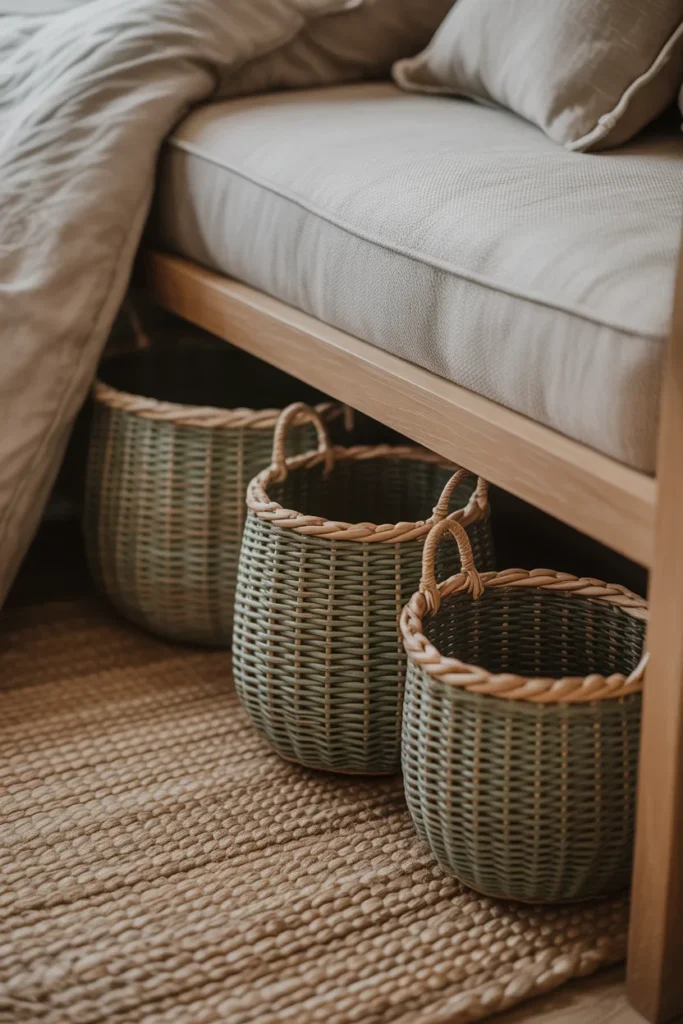 A cozy bedroom corner featuring a set of three graduated seagrass baskets tucked under a bench. The lighting is soft and warm, highlighting the intricate hand-woven textures and natural green-tan hues of the fibers. The surrounding decor includes a wool rug and a linen-covered seat. Captured from a low-level styled angle, emphasizing the organic materials and the organized, clutter-free environment.