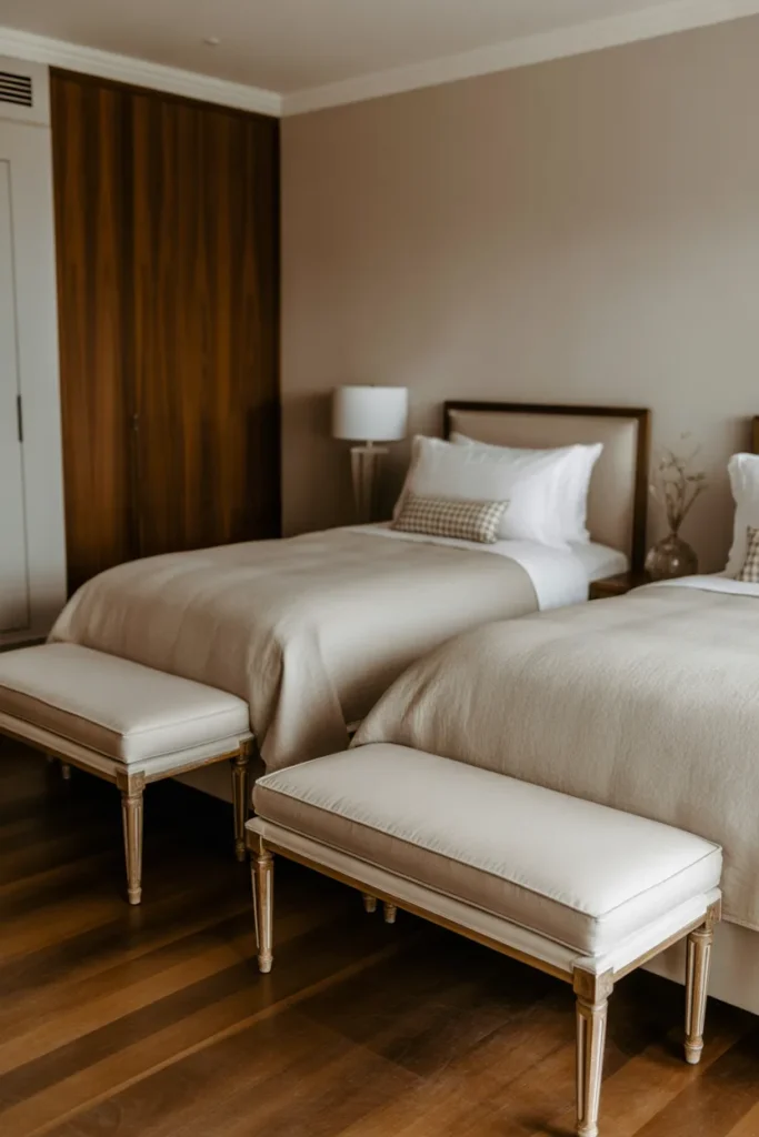 Two matching cream upholstered benches at the foot of twin beds completing the bedroom composition like a luxury hotel suite