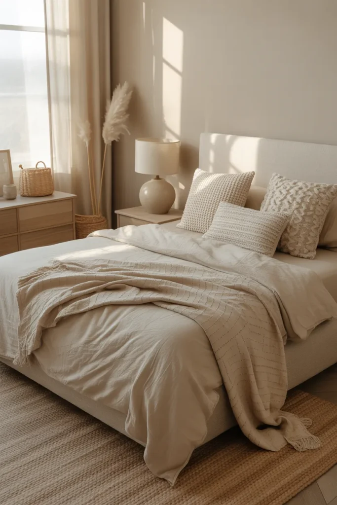 Modern organic bedroom with layered beige textures, soft natural window light, warm neutral palette, upholstered cream bed, linen duvet, chunky knit throw, boucle pillows, oak dresser, woven baskets, ceramic lamp, pampas stems, wool rug, cozy airy mood, wide front camera angle, calm background with balanced styling and realistic fabric folds.