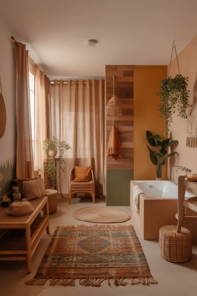 :A boho-inspired bathroom that uses earthy tones and natural materials to create a cozy, eclectic feel. The color palette features warm tones like terracotta, mustard, and rich greens, with rattan furniture and woven textiles. The space includes a freestanding tub with a wooden accent wall, hanging plants, and vintage-inspired rugs. Soft diffused light filters through sheer curtains, adding warmth. The camera angle is wide, showing the entire room with a layered, relaxed atmosphere that combines comfort and personality.