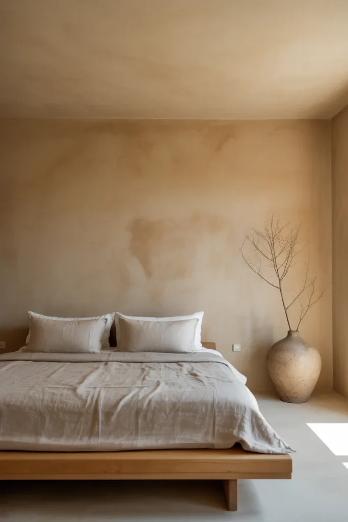 A minimalist "Organic Modern" bedroom with hand-applied lime-wash plaster walls in a soft sand color. The walls have a subtle, cloudy texture that catches the natural light. A low wooden platform bed with wrinkled beige linen sheets. A single large ceramic vase with a dried branch sits on the floor. Airy, earthy, and peaceful atmosphere with a wide-angle shot.