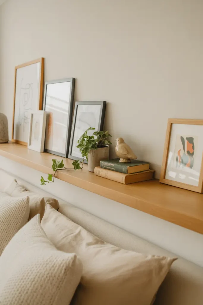 A wooden floating shelf above a bed featuring a layered display of leaning picture frames, a small green plant, and decorative objects for a creative gallery look.