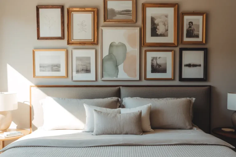 A curated and stylish bedroom gallery wall featuring a mix of gold, wood, and black frames with various art prints centered above a bed in a sunlit room