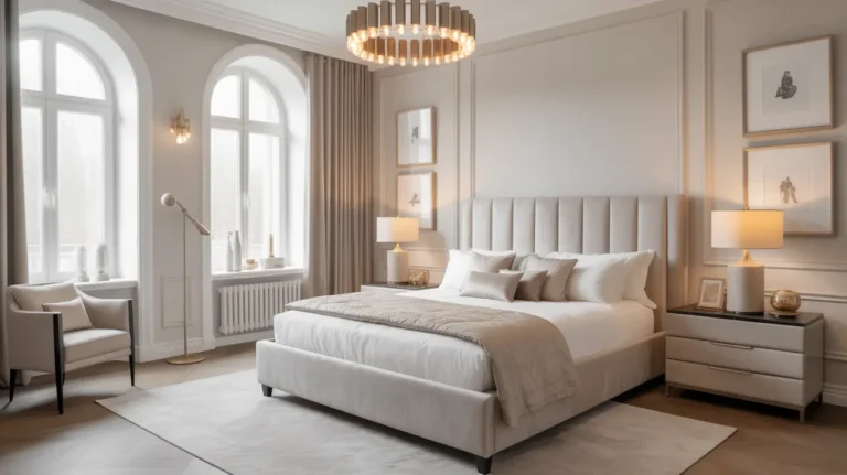 Elegant bedroom with velvet bed frame, neutral color palette, statement chandelier, and luxurious decor elements.