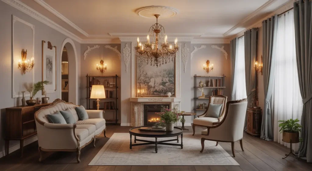 Living room with vintage lighting fixtures, including an ornate chandelier and pendant lights, enhancing the antique furnishings and creating a cozy atmosphere.