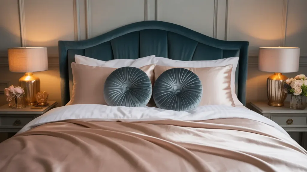 Luxurious velvet cushions, silk pillowcases, and satin duvet on a cozy, elegant bed with soft lighting.