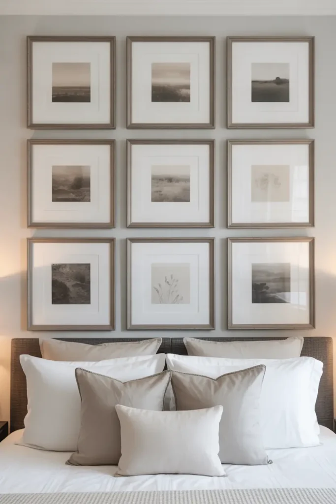 A symmetrical grid of nine black picture frames hanging on a white bedroom wall above a bed with white bedding, showing a neat and organized gallery wall style.