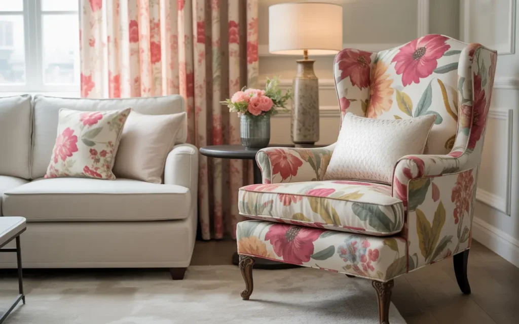 Living room with floral design elements, including floral-patterned armchair, pillows, and curtains, adding charm and freshness to the modern décor.