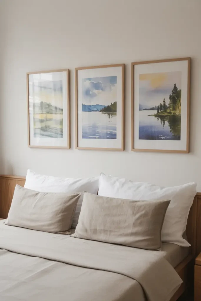 Minimalist lake-themed wall art in wooden frames above a bed in a lake house.