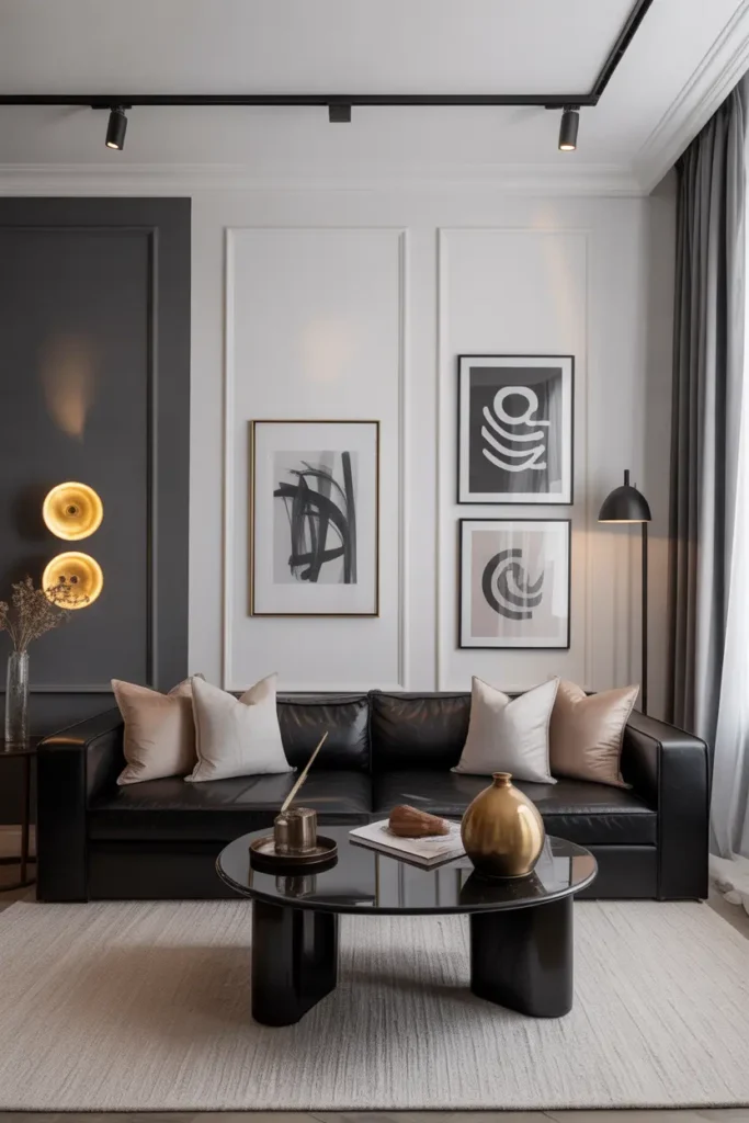 Timeless black and white living room featuring a black couch and contrasting accents.