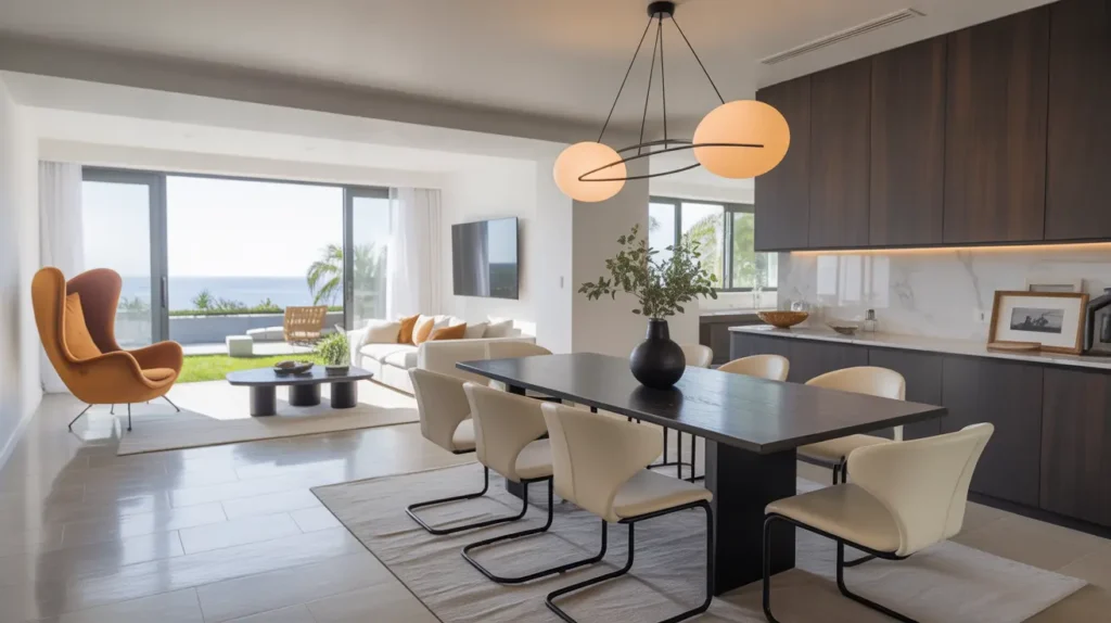 Statement furniture pieces in an open-concept living and dining room.