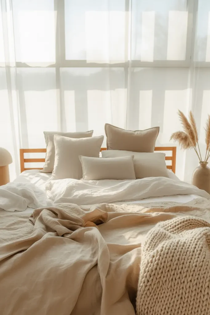 A bright and airy Japandi-style couple bedroom ideas featuring a minimalist wooden bed frame, neutral linen bedding, a large window with soft natural light, and indoor plants for a Zen atmosphere.