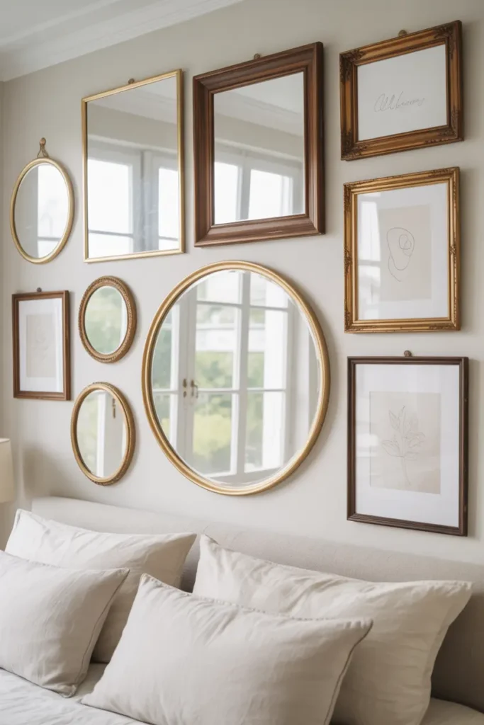 A unique bedroom gallery wall mixing framed art with decorative mirrors, including a circular gold mirror as a centerpiece, reflecting light and adding depth above a bed.