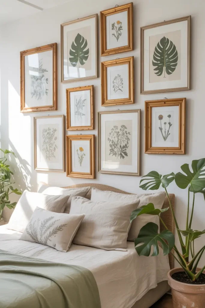A calming bedroom gallery wall featuring a mix of oak and brass frames with vintage plant illustrations and pressed greenery above a bed with neutral linens