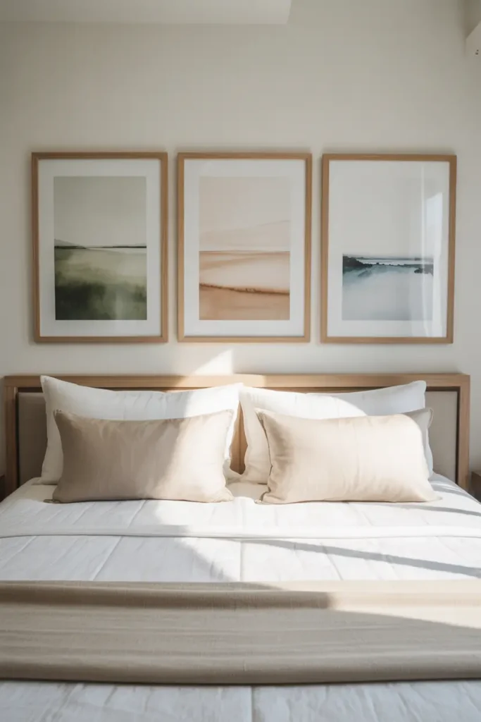 Three large matching wooden frames with simple nature art hanging in a straight row above a bed, showing a clean and minimal bedroom style.