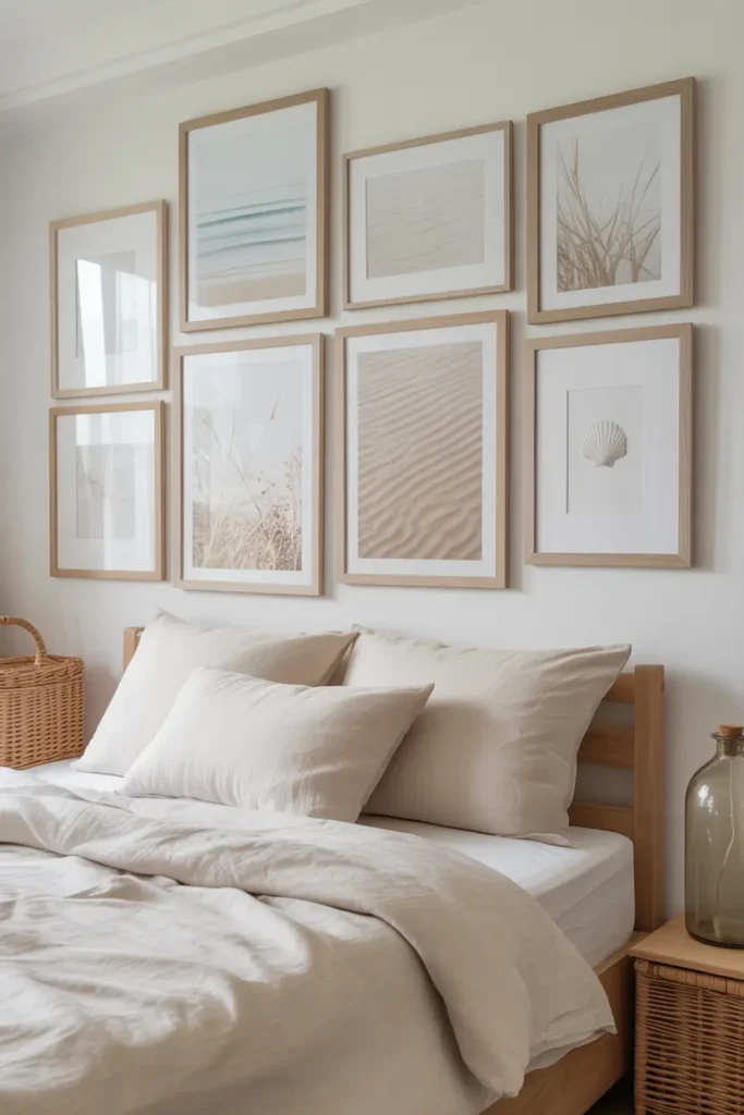 A relaxing bedroom gallery wall with light wood frames featuring soft beach art, sandy colors, and ocean photography for a coastal feel.
