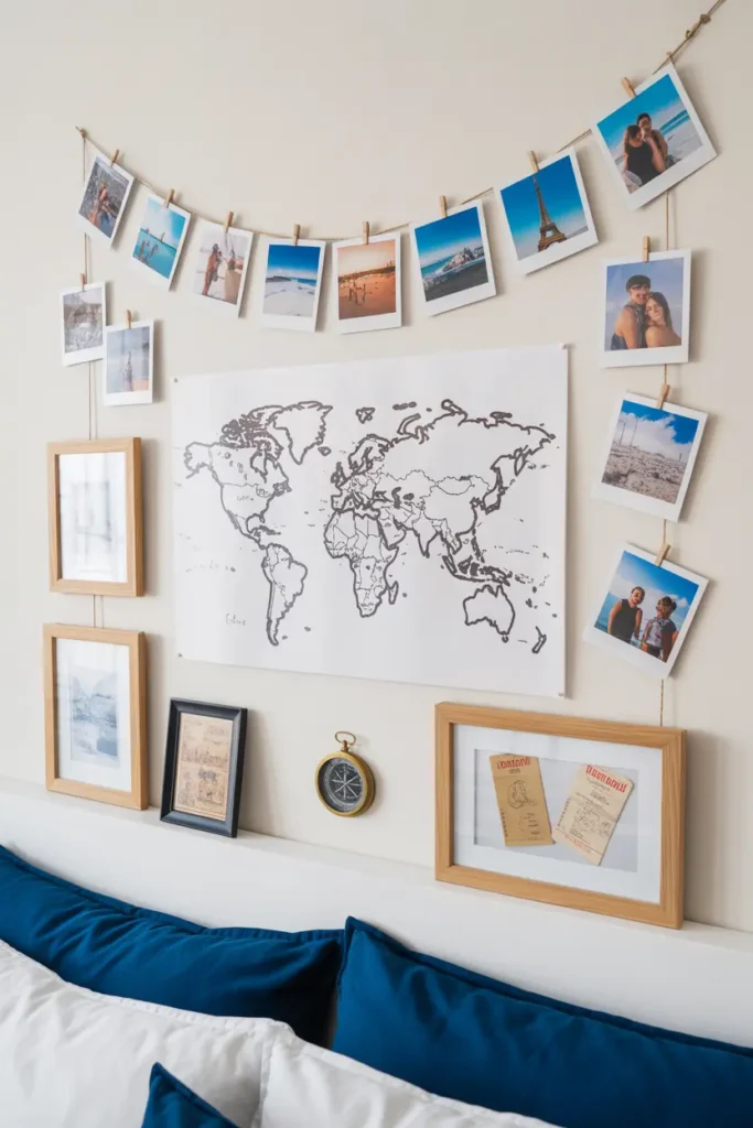A bedroom gallery wall featuring a world map surrounded by vacation photos, postcards, and travel souvenirs, creating a personal memory display above a bed.