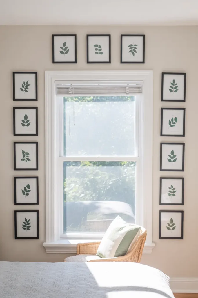 A white bedroom window framed by small matching picture frames on both sides and above, creating a neat gallery wall around the natural light.