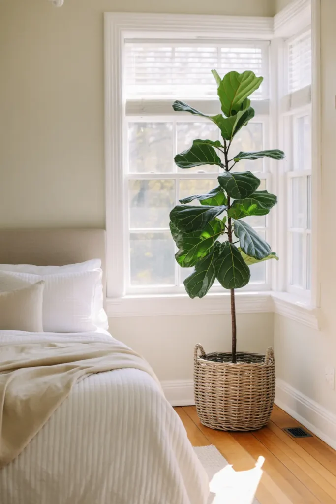 Fresh green plant in a woven basket adding a natural touch to a lake house bedroom.