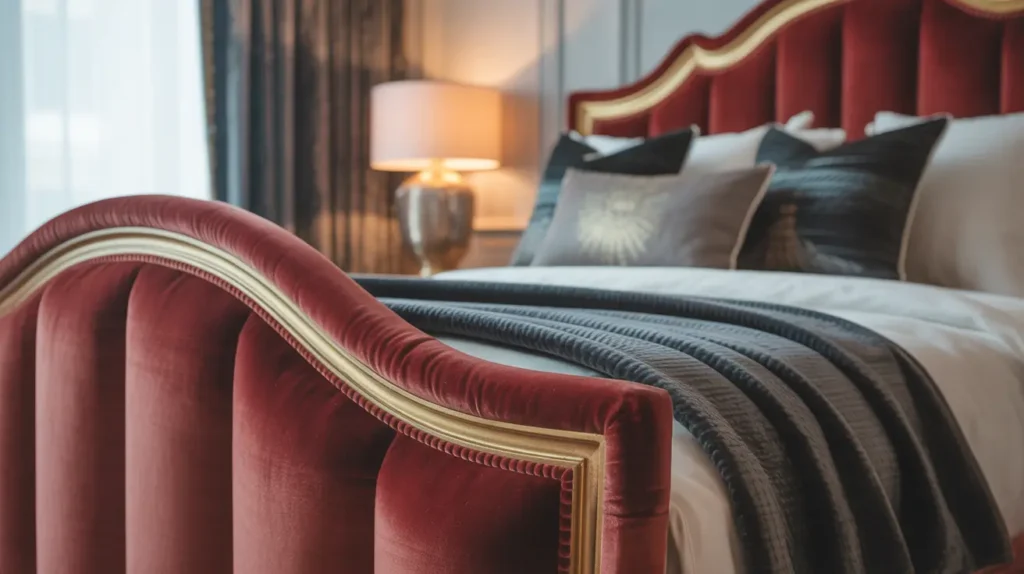 Elegant velvet bed frame with throw pillows, stylish headboard, and soft lighting for a luxurious bedroom look.