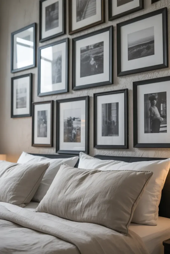 A boho-style bedroom wall with a mix of light wood picture frames, a macrame hanging, and small green plants, creating a cozy and relaxed atmosphere.