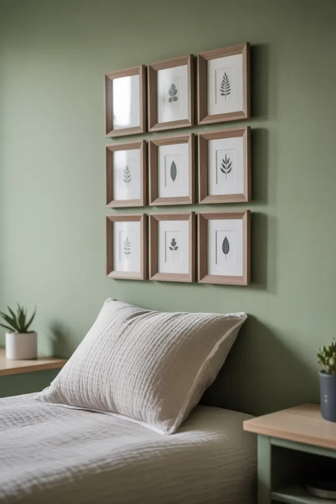 A compact gallery wall in a small bedroom, featuring a neat grid of nine small matching black frames with minimalist black-and-white art tightly grouped above a single bed.
