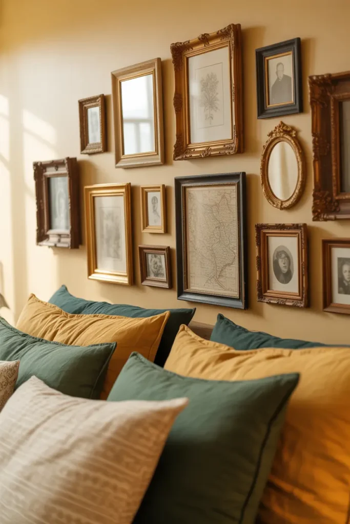 A cozy bedroom wall with a mix of old-fashioned ornate gold frames and dark wood frames holding vintage drawings of birds, maps, and old photos above a bed.