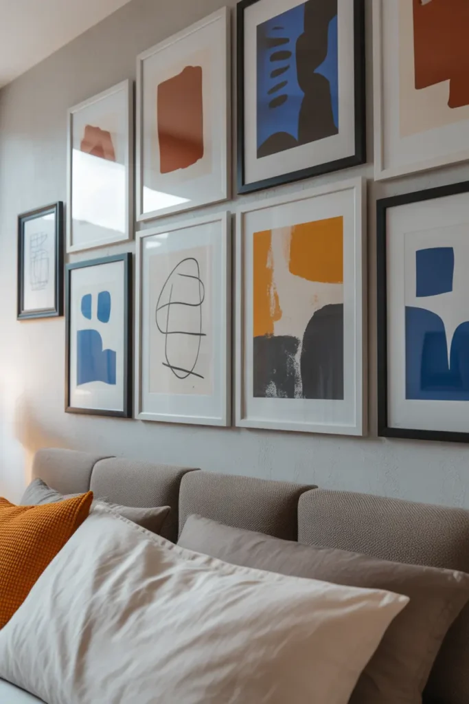 A stylish gallery wall in a modern bedroom, filled with different-sized black and white frames holding colorful geometric and linear abstract art pieces above a grey bed.