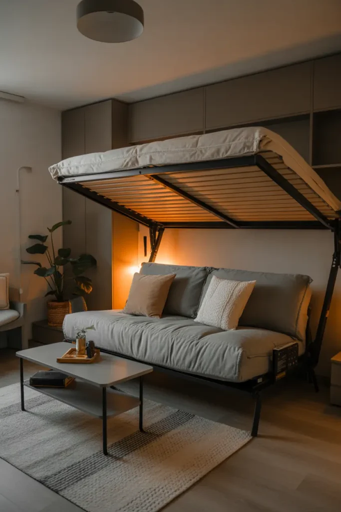 A contemporary small bedroom featuring a foldable futon styled as a sofa during the day, neutral grey upholstery, soft cushions, warm ambient lighting, compact coffee table, indoor plant, textured rug, modern decor accents, cozy and multifunctional vibe, wide-angle shot showing both lounging and sleeping setup with layered styling.