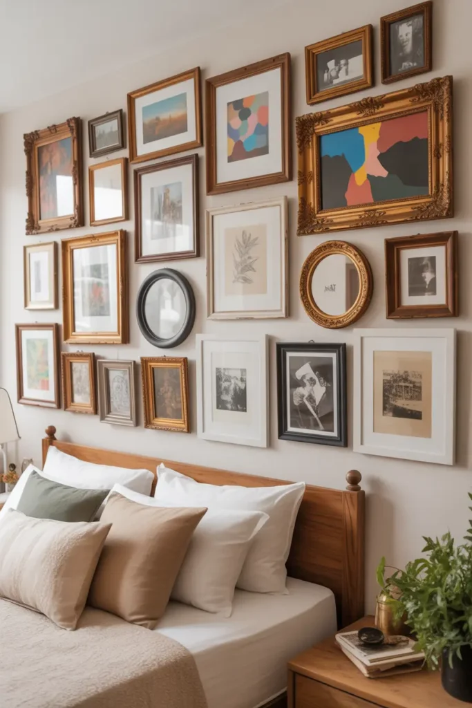 Two wooden shelves on a bedroom wall holding several overlapping picture frames and a small green plant, showing a flexible picture ledge style.