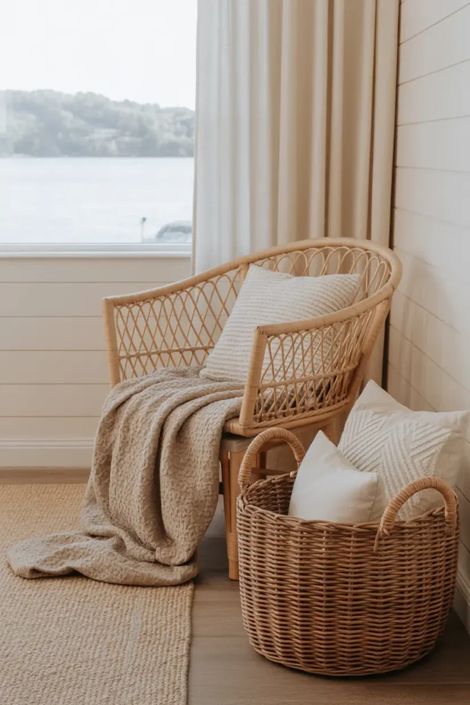 Rattan chair and woven baskets in a lake house bedroom for a natural, breezy decor style.