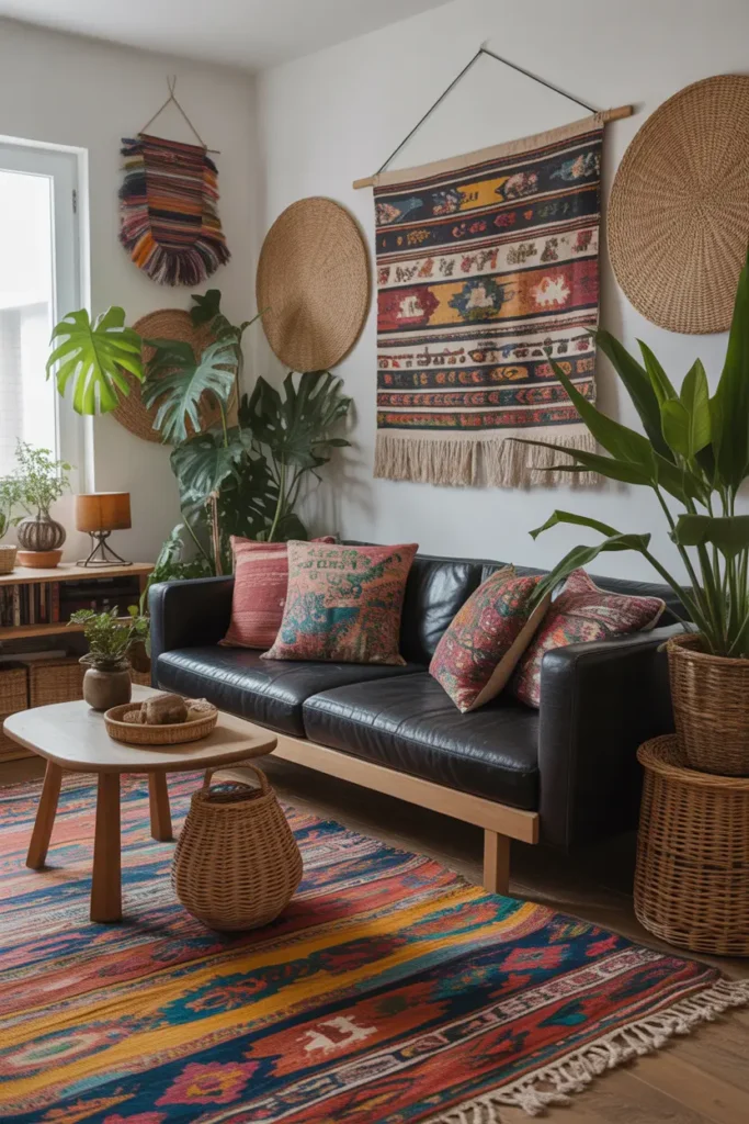 Bohemian living room with a black couch, colorful decor, and natural elements.