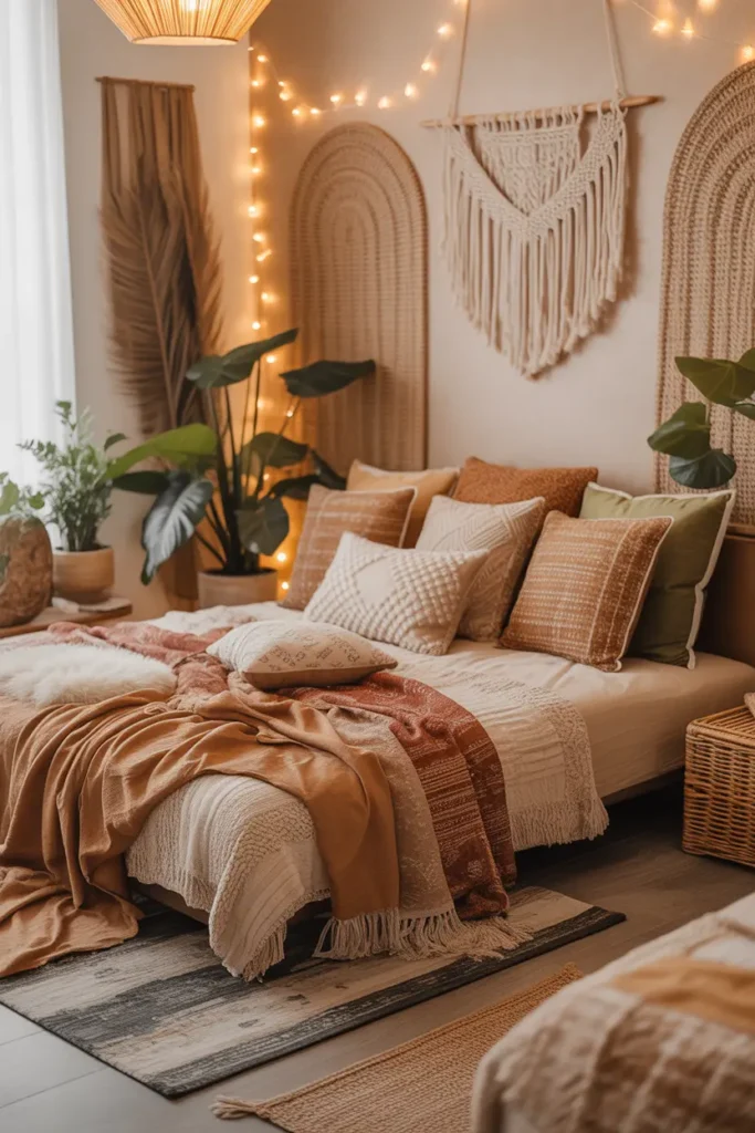A cozy boho-style bedroom with a futon layered in textured throws, patterned cushions, earthy tones like terracotta, olive green, and cream, warm ambient lighting with fairy lights, macrame wall hangings, woven rugs, rattan decor, indoor plants in clay pots, relaxed and inviting atmosphere, eye-level styled shot with rich layering and detailed foreground textures.