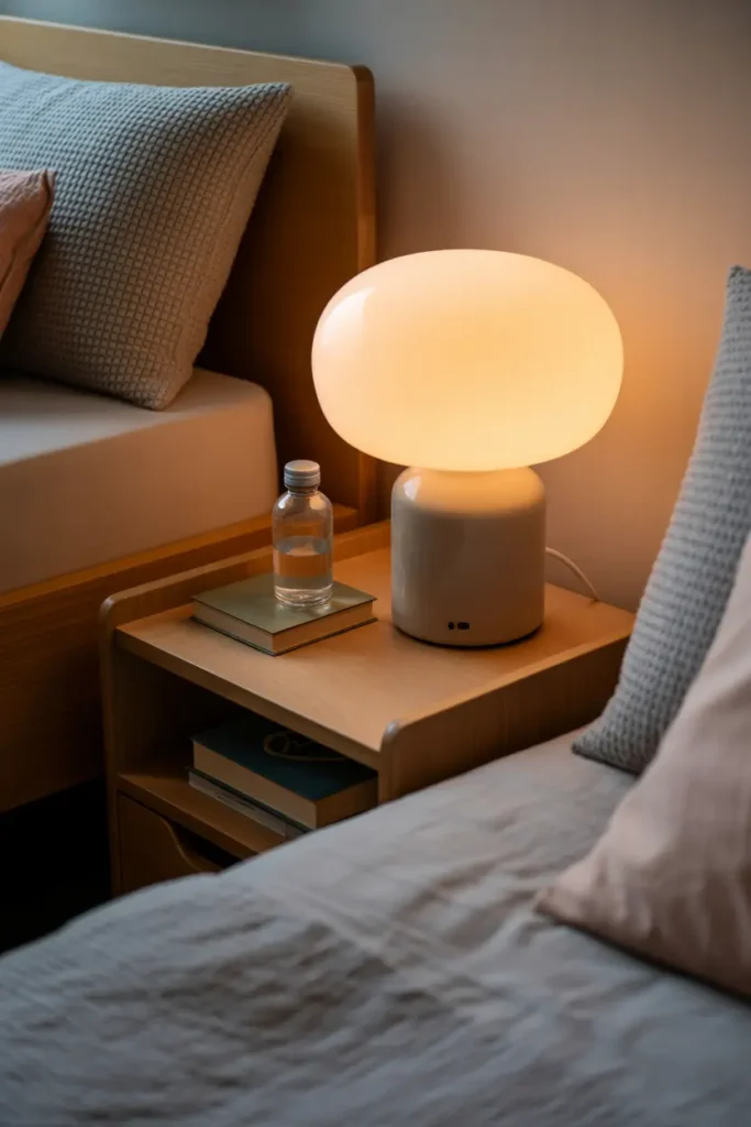 A cozy dorm bedside table with a modern ceramic lamp, warm soft glow lighting, neutral colour palette, wood nightstand, small stack of books, glass water bottle, textured fabric bedding, calm relaxing mood, close-up shot with soft shadows, layered styling with background bed and subtle decor elements.