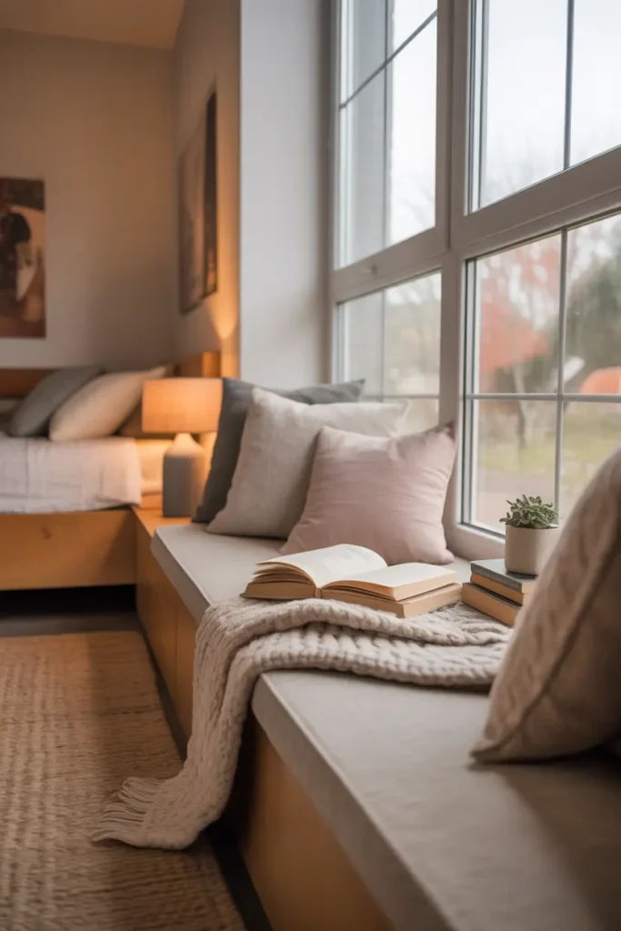 : A cozy dorm window nook with a slim bench seat, soft cushions, knit throw, warm neutral palette, natural daylight pouring through large window, light wood accents, books, small plant, textured rug, calm inviting mood, angled wide shot, foreground cushion detail, background bed and wall art adding layered depth