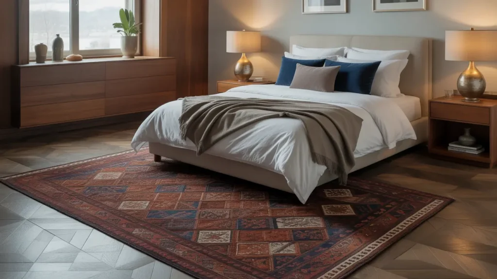 Classy bedroom ideas with a geometric rug in contrasting colors, adding texture and visual appeal to the elegant bedroom design.