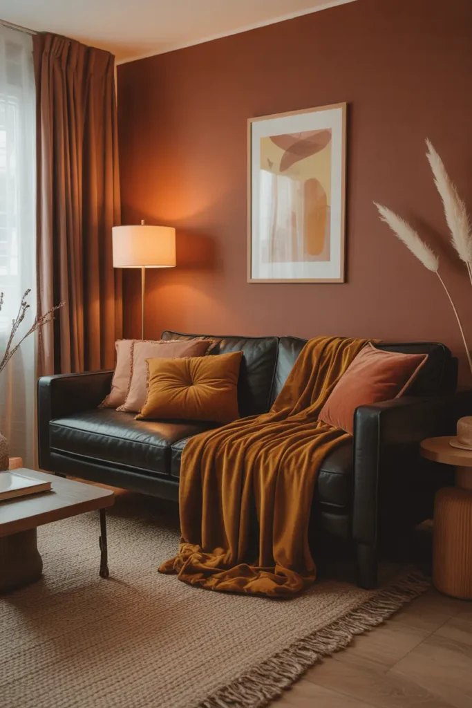 Cozy chic living room with a black couch and warm earthy tones.