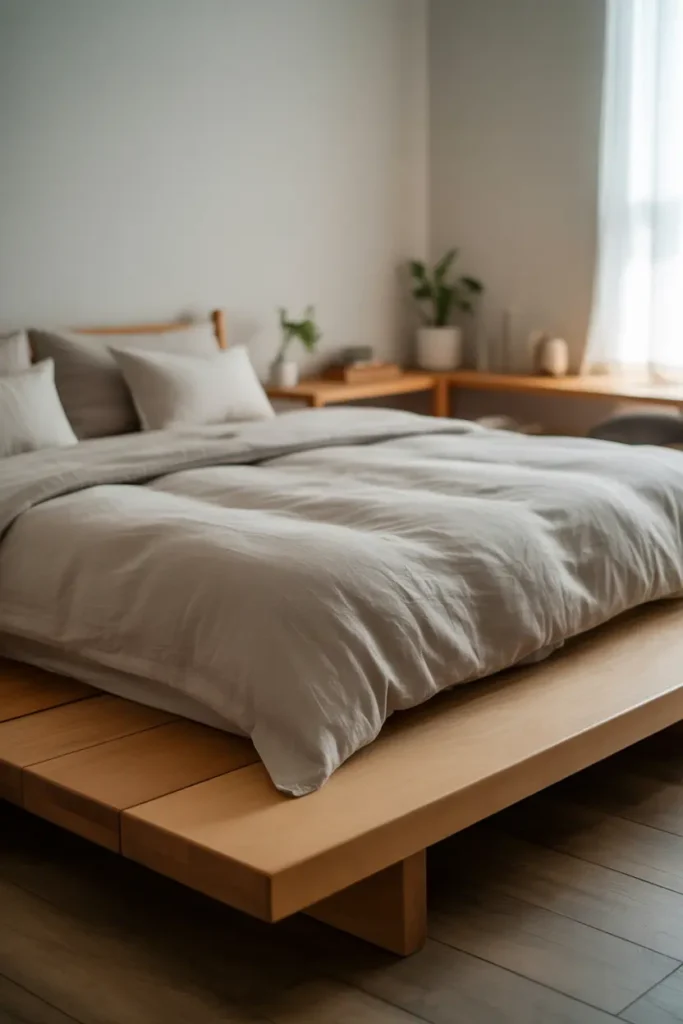 A cozy, minimalist Japanese bedroom featuring a low wooden platform bed. The room has a calm, neutral color palette, with white walls, light wood floors, and soft gray bedding. The bed frame is made of natural wood, keeping the design simple and grounded. A couple of low-profile side tables and a small potted plant add character to the room, while natural light from a nearby window brightens the space. A close-up shot captures the inviting texture of the bed's linen fabric and wooden elements, enhancing the room's relaxed and understated elegance.