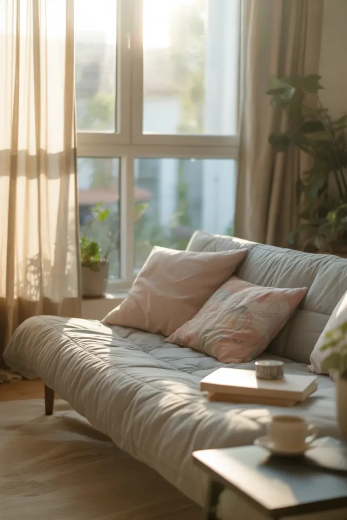 A cozy modern bedroom with a futon placed beside a large window, soft natural sunlight streaming in, light curtains flowing gently, pastel and neutral tones, plush bedding, small side table with books and a cup, indoor plant near window, peaceful and airy mood, eye-level shot capturing sunlight and layered textures.