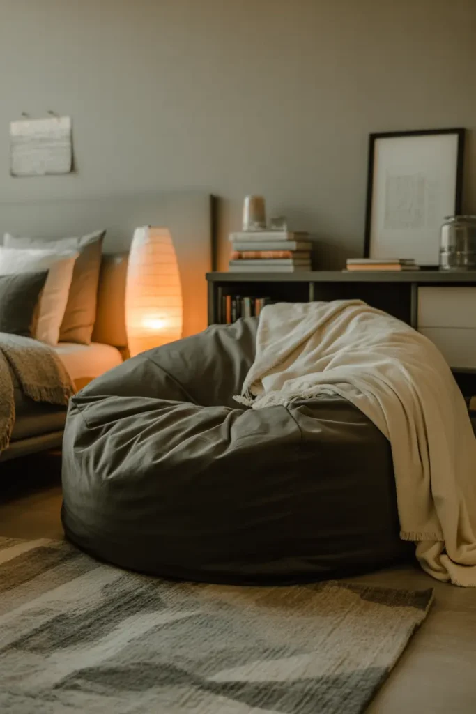  A cozy modern dorm corner with a large charcoal bean bag chair, soft cream throw blanket, warm ambient lamp glow, muted earthy palette, textured rug, stacked books, framed wall art, small side table, layered fabrics, inviting relaxed mood, eye-level wide shot, foreground rug detail, background bed and shelf styling for depth.