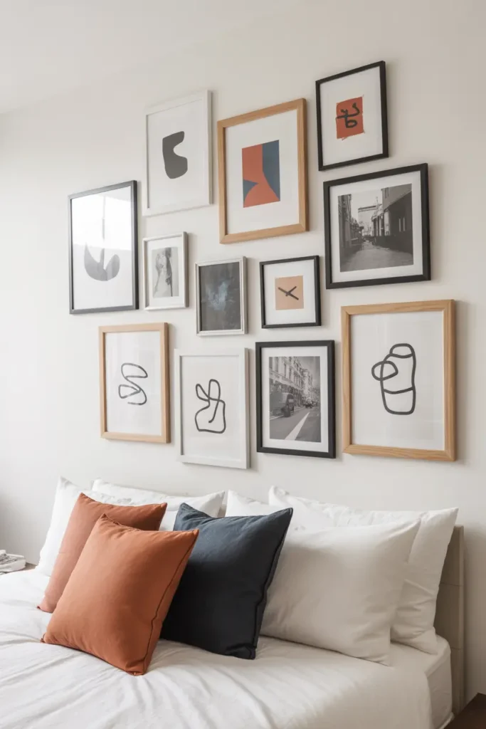 A modern bedroom featuring an off-center, asymmetrical gallery wall with a mix of different frame styles and abstract art for a creative, relaxed look